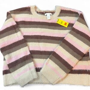 NWT Full Tilt Girls Striped Cropped Sweater - Pink, Brown, Cream Size Large